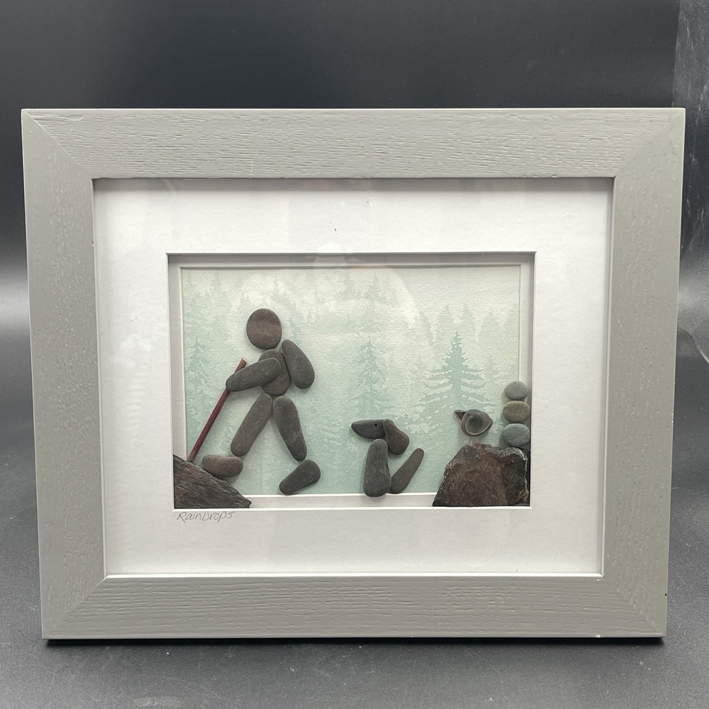 Framed Pebble‎ Art Hiking Scene w Dog & Bird Handmade Stone Picture Decor